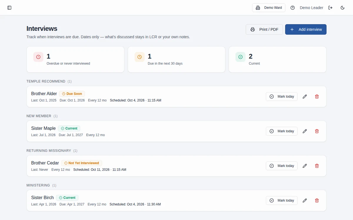 Demo Ward interview tracker showing fictional names, categories, and appointment dates