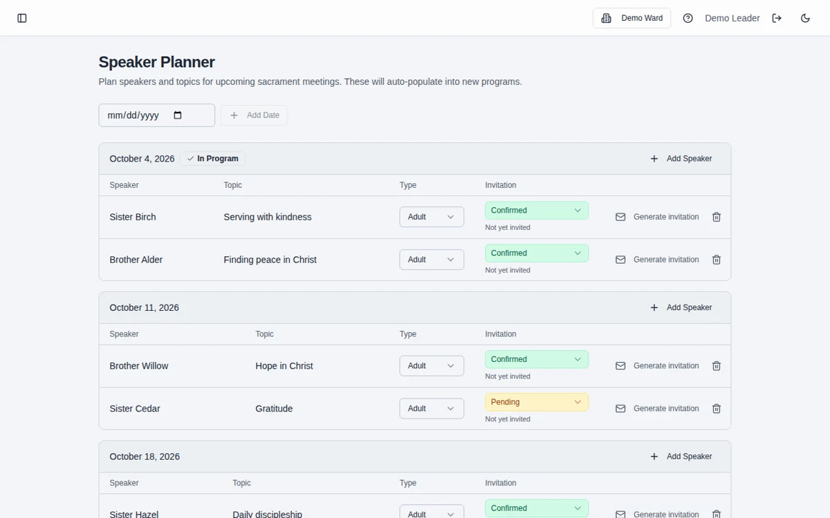 Demo Ward speaker planner with fictional speakers, dates, and topics