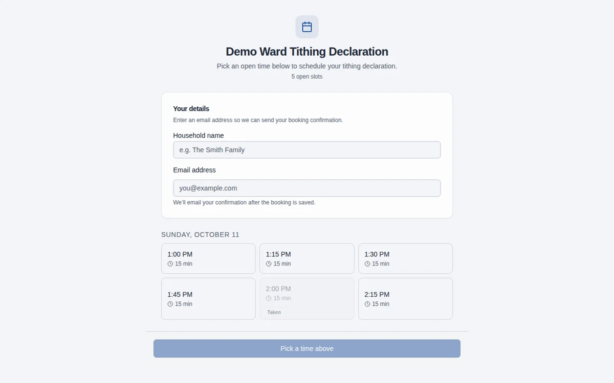 Demo Ward tithing declaration appointment schedule with fictional household information