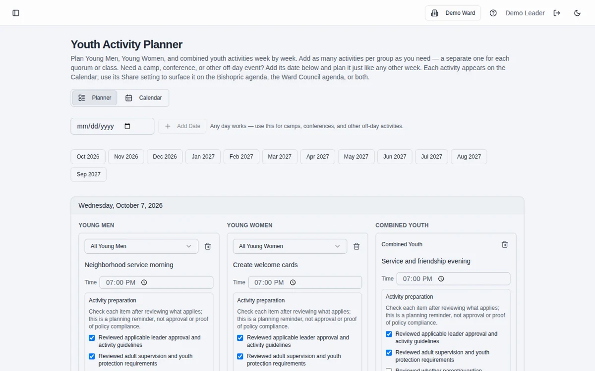 Demo Ward youth activity planner with fictional activities and preparation details